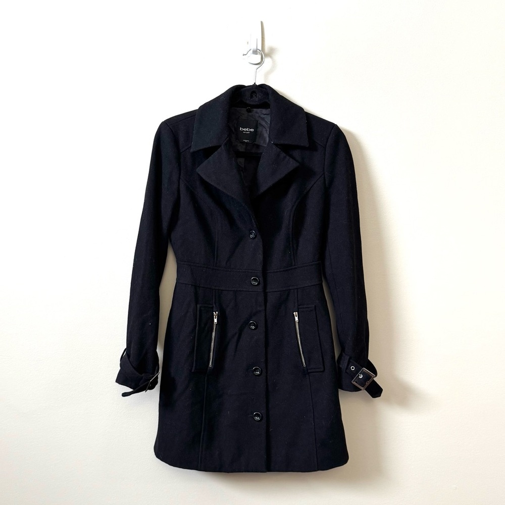 BEBE Y2K black mini wool blend button front trench jacket